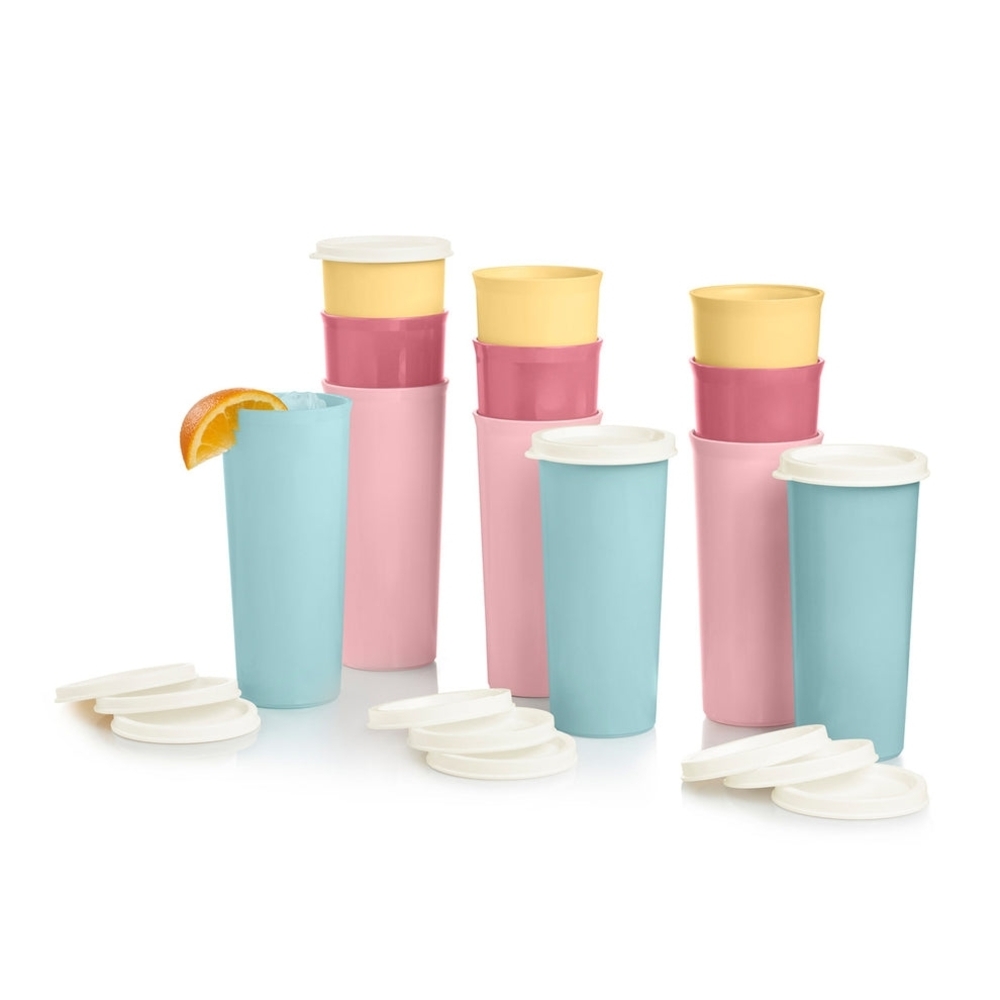 Set of 12 Pastel Reusable Travel Cups with White Lids - Blue, Pink & Yellow